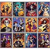 WATINC Day of The Dead Poster - 12PCS Halloween Sugar Skull Wall Art Print Decorations for Dia De Los Muertos Party, Mexican Skeleton Fiesta Carnival Bulletin Board Decor for Home Bedroom Office