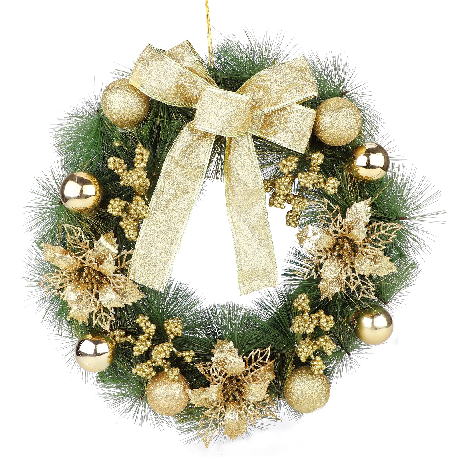 Gukasxi 15.7 Inch Christmas Wreath for Front Door, Artificial Christmas Hanging Wreath Garland with Gold Xmas Ball Berries and Bow, Merry Christmas Wreath Xmas Indoor Outdoor Home Decorative Wreath