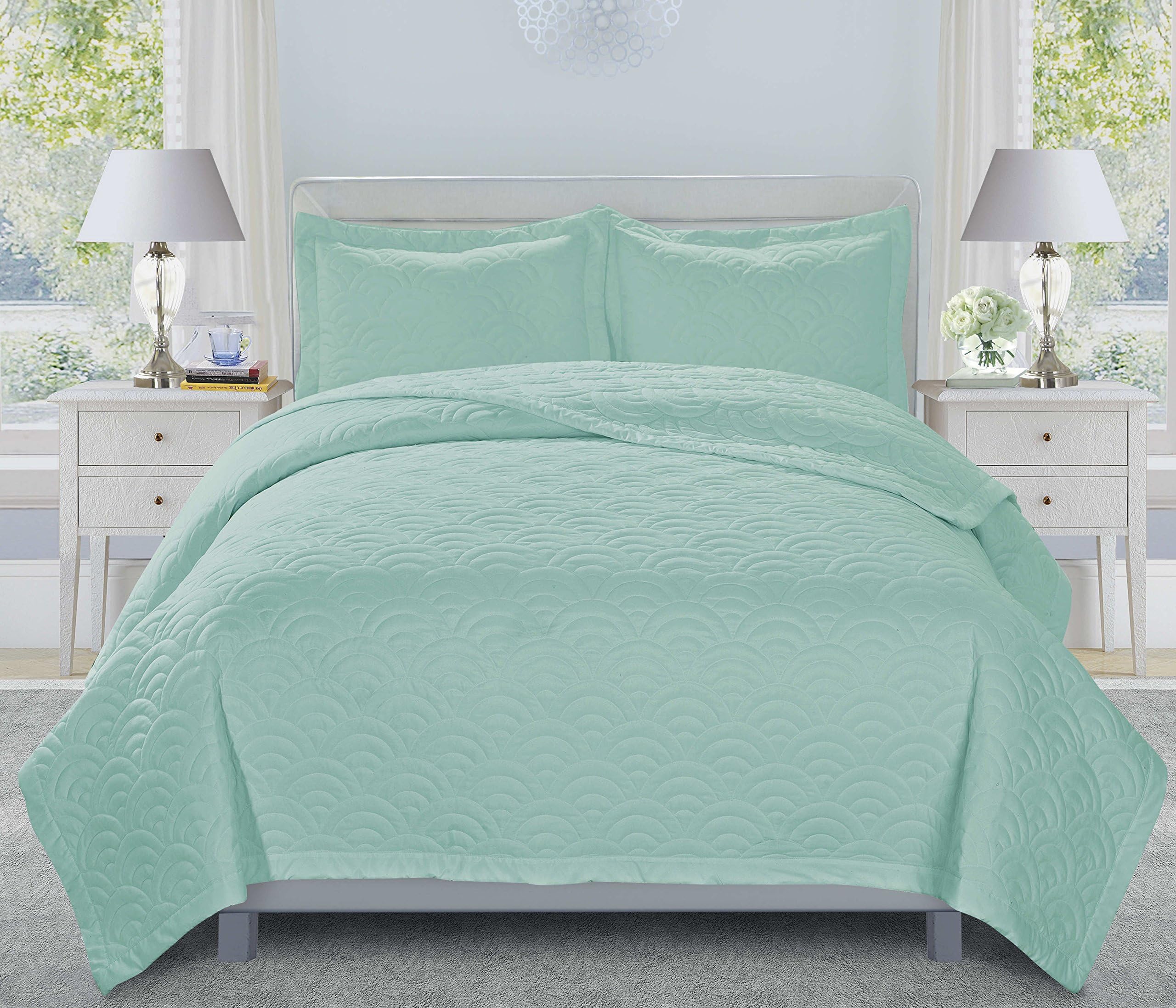 BEDnLINENS 3 Piece Shirley Embroidered Bedspread Set-Queen King Size (Queen, Blue)