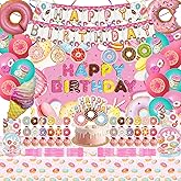 Donut Sweets Birthday Party Supplies, Donut Style Party Decorations Include Happy Birthday Banner, Backdrop, Tableware Set, Tablecloth, Cake Toppers, Cupcake Toppers, Latex Balloons, Hanging Swirls