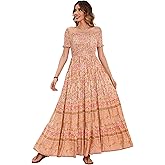 R.Vivimos Women's Summer Maxi Off-Shoulder Dresses Short Sleeve Empire Waist Boho Floral Print Casual Smocked Flowy Dresses