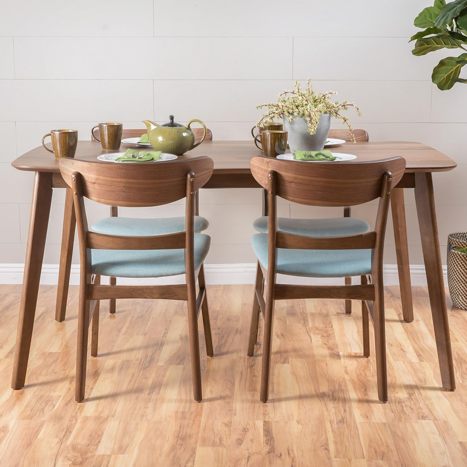Helen Mid Century Fabric & Wood Finish 5 Piece Dining Set (Walnut/Mint)