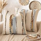 ANRODUO Pack of 2 Boho Decorative Throw Pillow Covers 18x18 Farmhouse Cushion Case Striped Chenille Pillow Cases Square Pillow Covers Accent Neutral Pillowcase for Sofa Couch Bed, Blue-Earth Tones