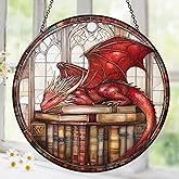 Red Book Dragon Suncatcher for Windows Hanging Stained Glass Decor Fantasy Book Lovers Gifts for Women Girls Men Kid Birthday Christmas Dragon Themed Gifts Indoors & Outdoors Garden Decoration