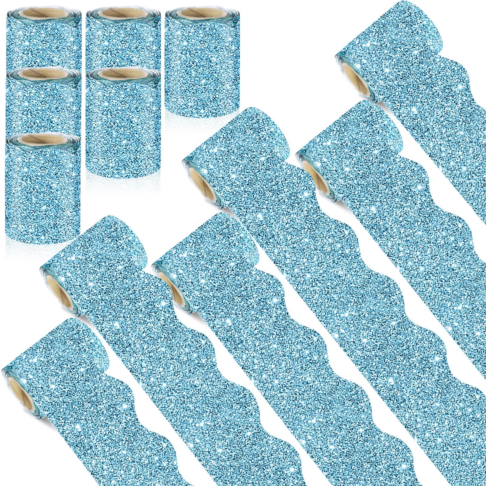 Photo 1 of Zhanmai 6 Rolls 98.5 ft Glitter Bulletin Board Borders Set Classroom Bulletin Board Decorations Scalloped Rolled Border Trim for Back to School Classroom Office Home DIY Birthday(Light Blue)LPNPMEZ3957574
