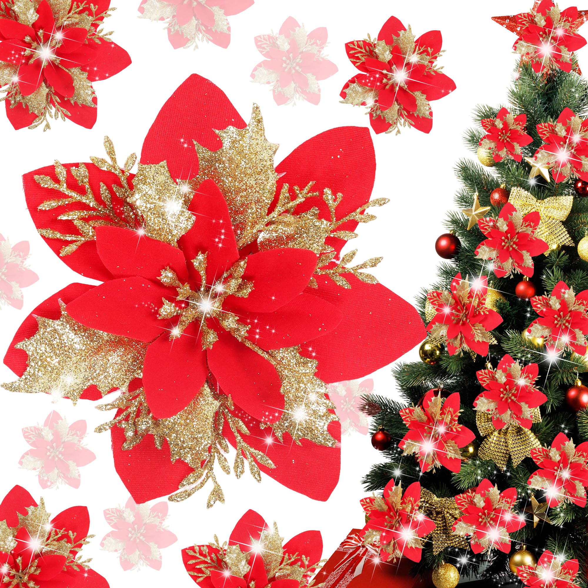 TIYCNIY 15 Pieces Glitter Poinsettia Christmas Decorations,Artificial Flowers Christmas Tree Ornaments,for New Year Wedding Xmas Wreath Home Party Decor (Red)