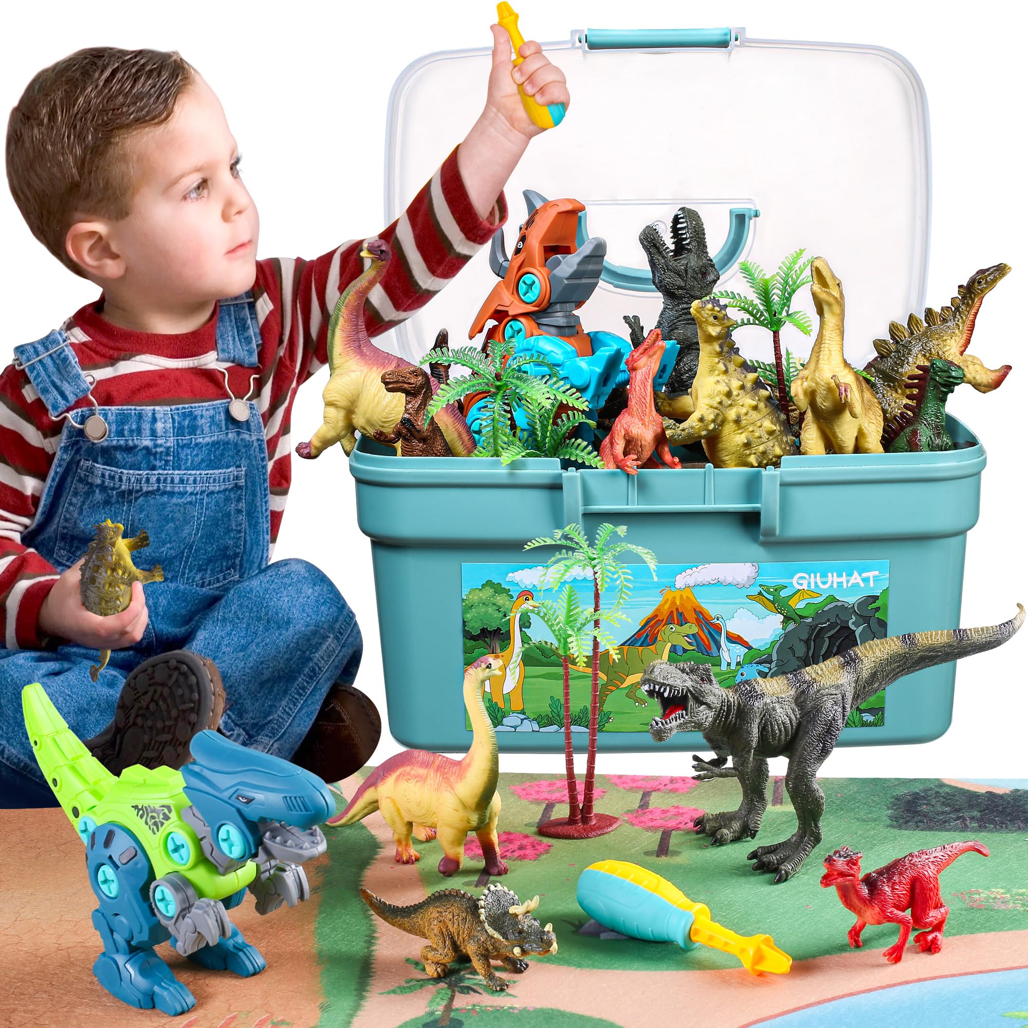 GlUHAT Dinosaur Figure with Play Mat, Take Apart Dinosaur Toys, Toys for 3-8 Year Old Boys, Christmas Xmas Gifts for Kids, with Storage Box