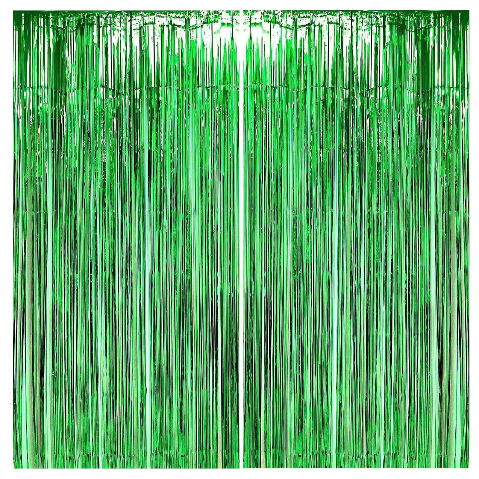2pcs Green Glitter Tinsel Curtains, 1*2m Shimmer Party Foil Door Curtains with Metallic Fringe Tassel Tinsel Backdrop for Luau Hawaiian Safari Jungle Xmas Party Décor