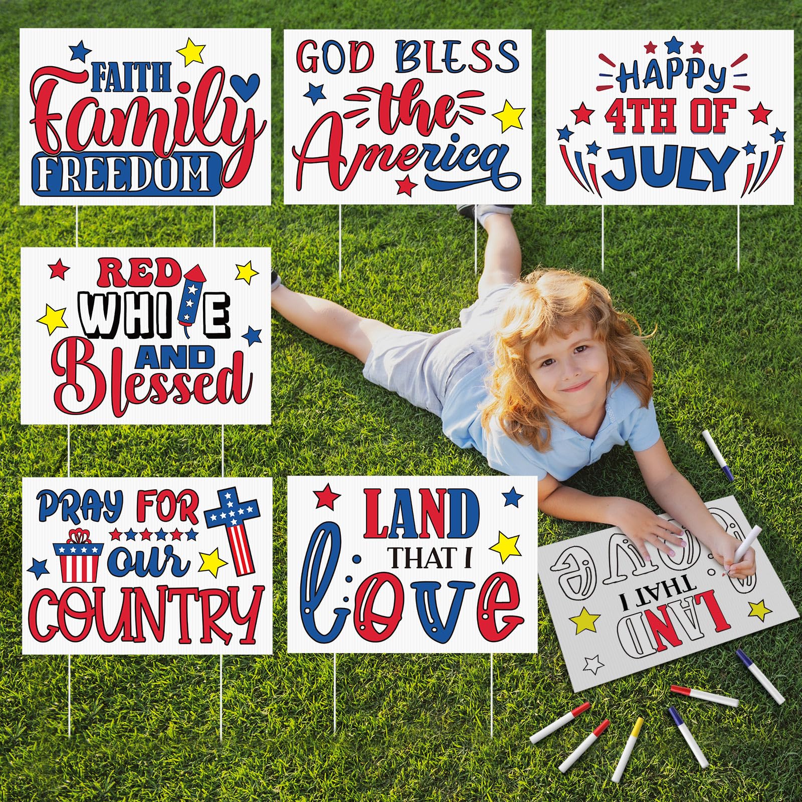 Photo 1 of DoubleFill 6 Sets Patriot Day Craft for Kids 4th of July Color Your Own American Patriotic Day Yard Signs with Stake Waterproof Paint Pens God Bless USA Lawn Sign DIY Crafts for Garden Party Outdoor