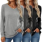 Velvelhall 3 Pack Women's Long Sleeve Sweatshirts Cotton V Neck Pullover Shirts Casual Loose Fit Soft Basic Tunic Tops