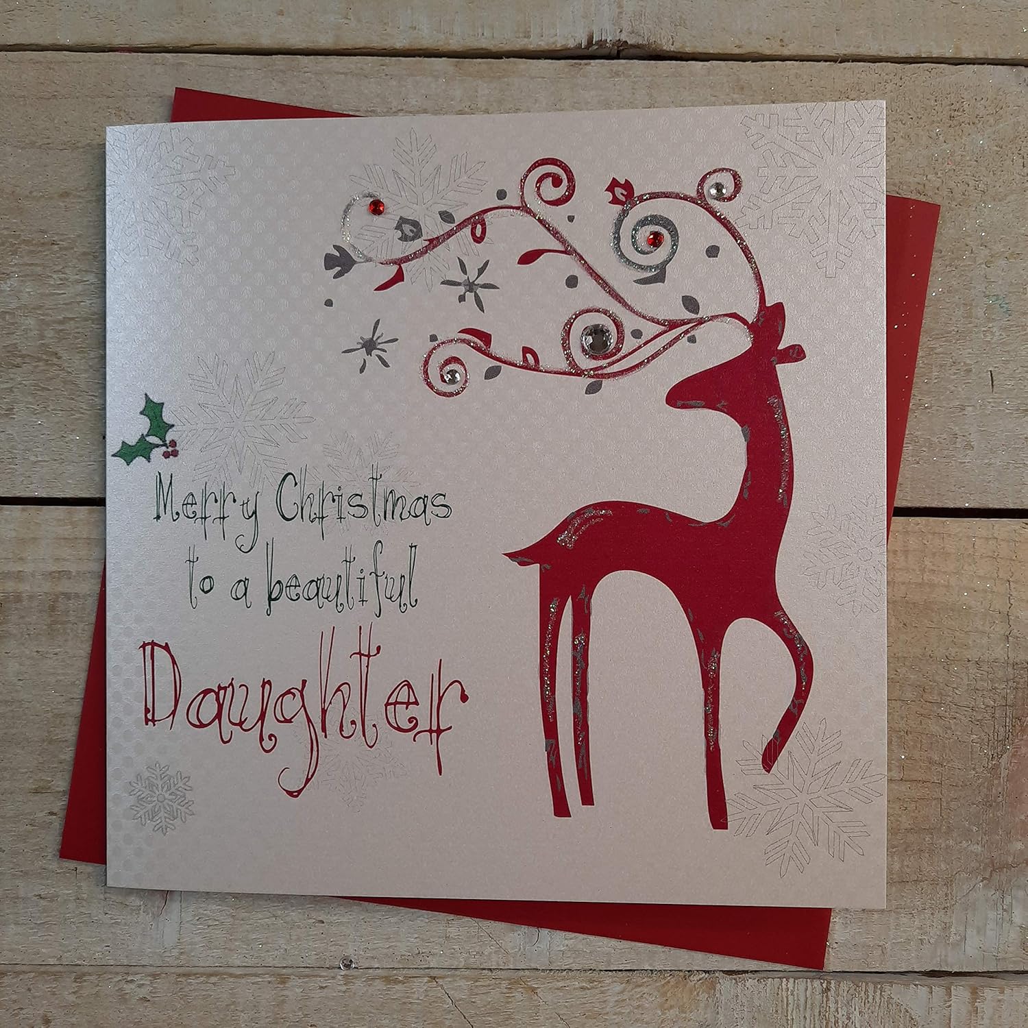 White Cotton Cards Merry Beautiful Daughter Handmade Christmas Card (Reindeer), 16cm x 16cm