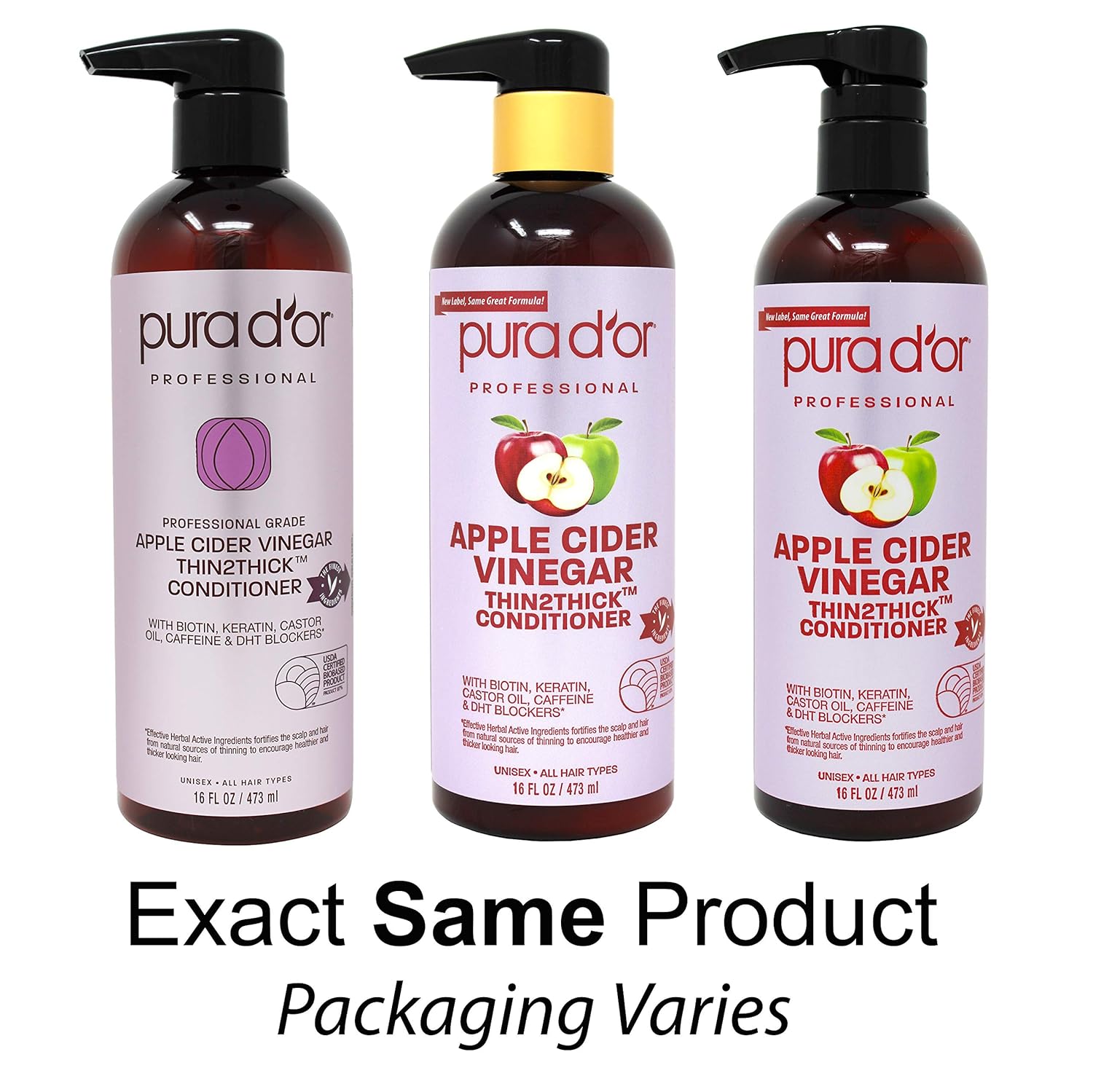 PURA D'OR Apple Cider Vinegar Thin2Thick Set Shampoo Conditioner for Regrowth, Hair Loss, Clarifying, Detox (2 x 16oz) Biotin, Keratin, Caffeine, Castor Oil, All Hair Type, Men/Women, Packaging varies: Beauty