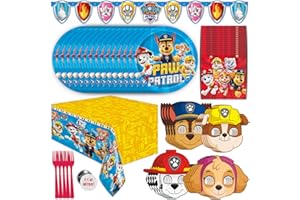 Unique Paw Patrol Birthday Decorations | Paw Patrol Party Supplies | With Paw Patrol Tablecloth, Paw Patrol Plates, Napkins, Character Masks, Forks, Button | Serves 16 Guests