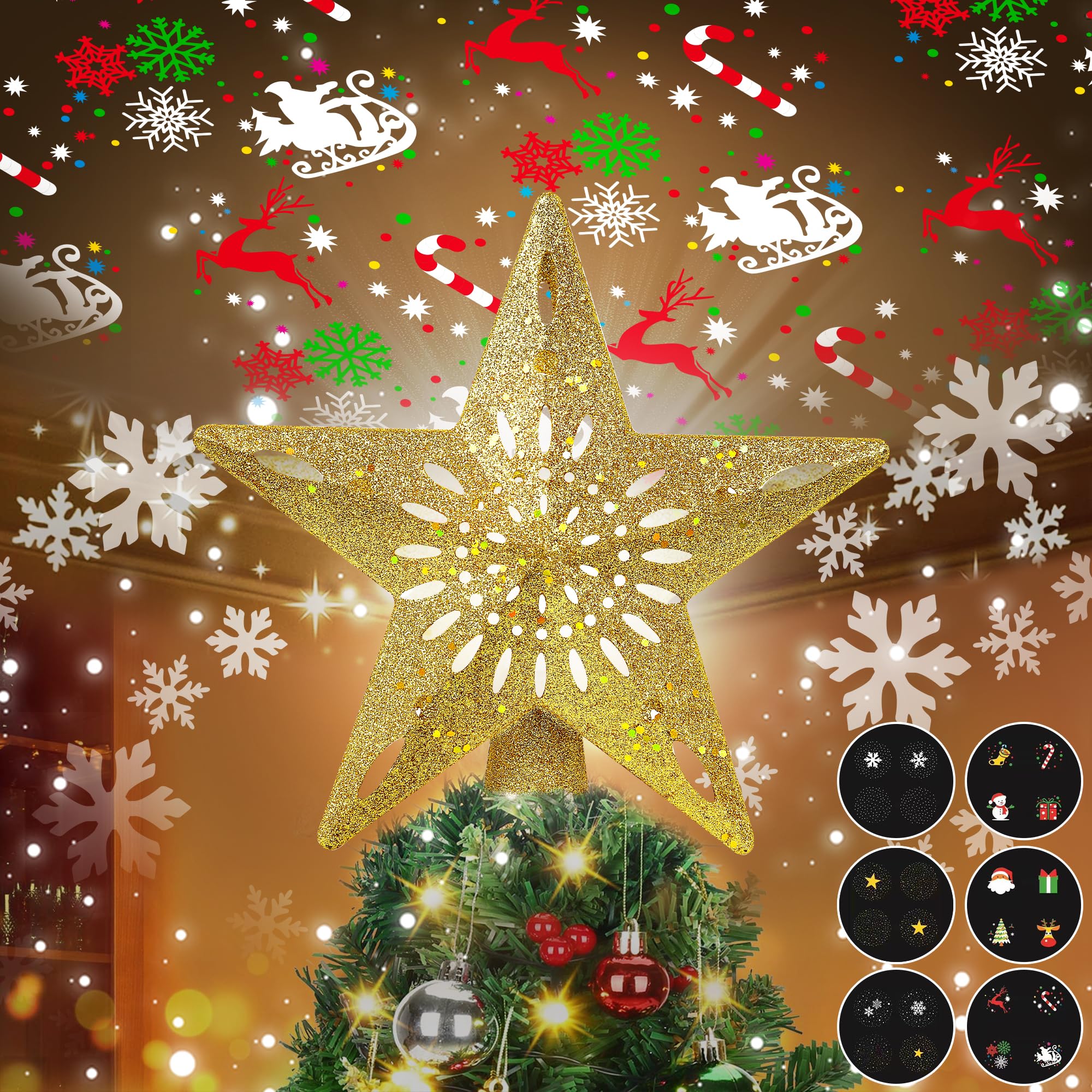 Photo 1 of Samyoung Christmas Tree Topper Lighted with 6 Projection Modes Star Tree Topper Built-in LED Rotating 3D Lighted Glitter Star Decorations Projector Tree Topper for Christmas Tree