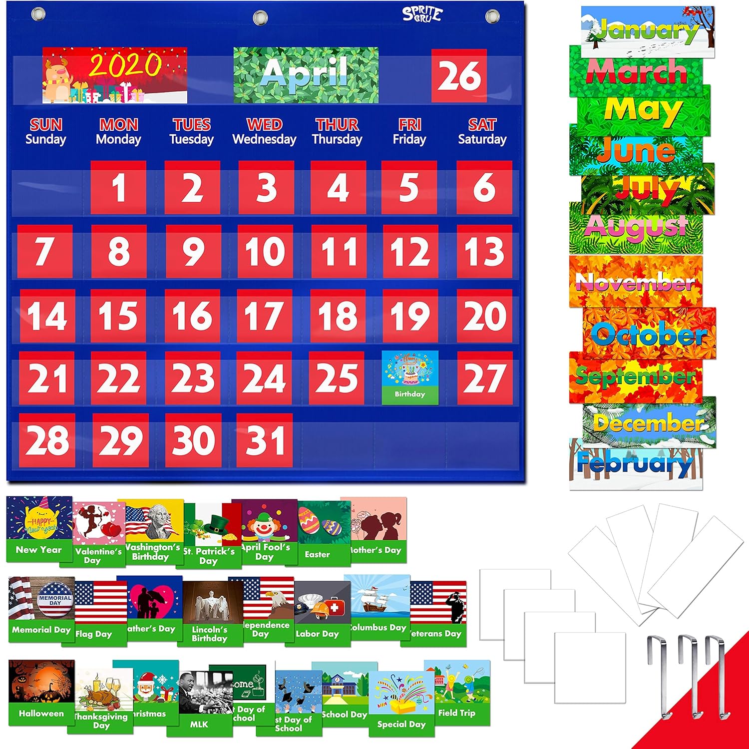 Blue Calendar Pocket Chart With 76 Cards 68 Illustrated Activity Cards 8 Dry Erasable Flash Cards And 3 Hooks Amazon In Office Products Calendar Cards For Pocket Chart