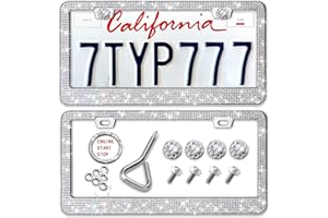 Newzon Bling Rhinestone Car License Plate Frames - Diamond Bedazzled Handcrafted Stainless Steel - Sparkly Glitter Crystal Caps for Men and Women (2 Pack, White)