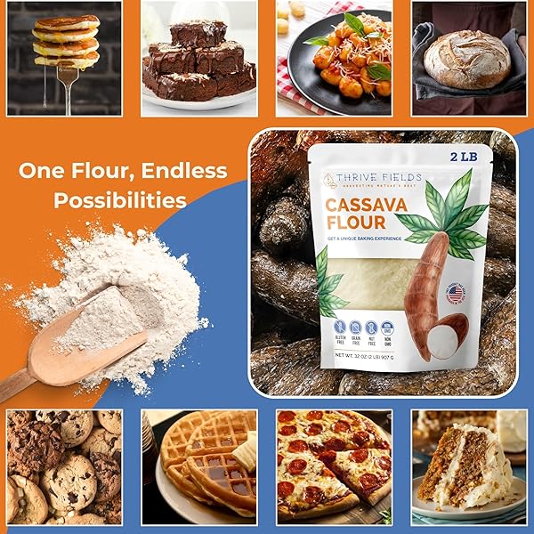 THRIVE FIELDS CASSAVA FLOUR – ALL-PURPOSE YUCA ROOT FLOUR FOR BAKING – GRAIN AND NUT FREE, NON GMO – GREAT FOR TORTILLAS, PANCAKES, PASTA, COOKING & MORE – 2 LB BAG