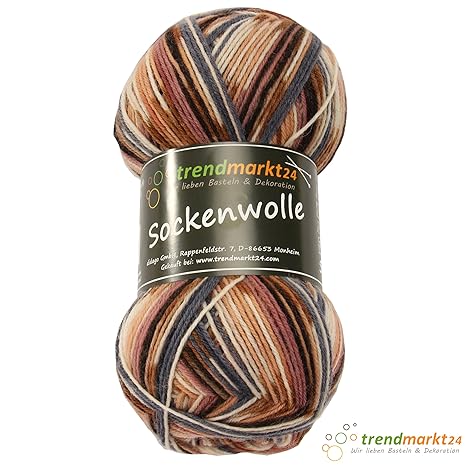 trendmarkt24 Socken-Wolle 4 fädig Braun, 100g Lauflänge ca. 420m, schadstoffgeprüfte Qualität ? Material: 75% Schurwolle, 25%