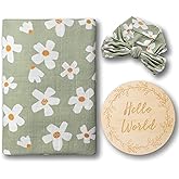 Miaoberry Daisy Garden Spring Floral Muslin Swaddle Set for Baby Girl|100% Organic Cotton Blanket with Matching Bow|Boho Indie Vintage Sage Green|Hospital Receiving Blanket