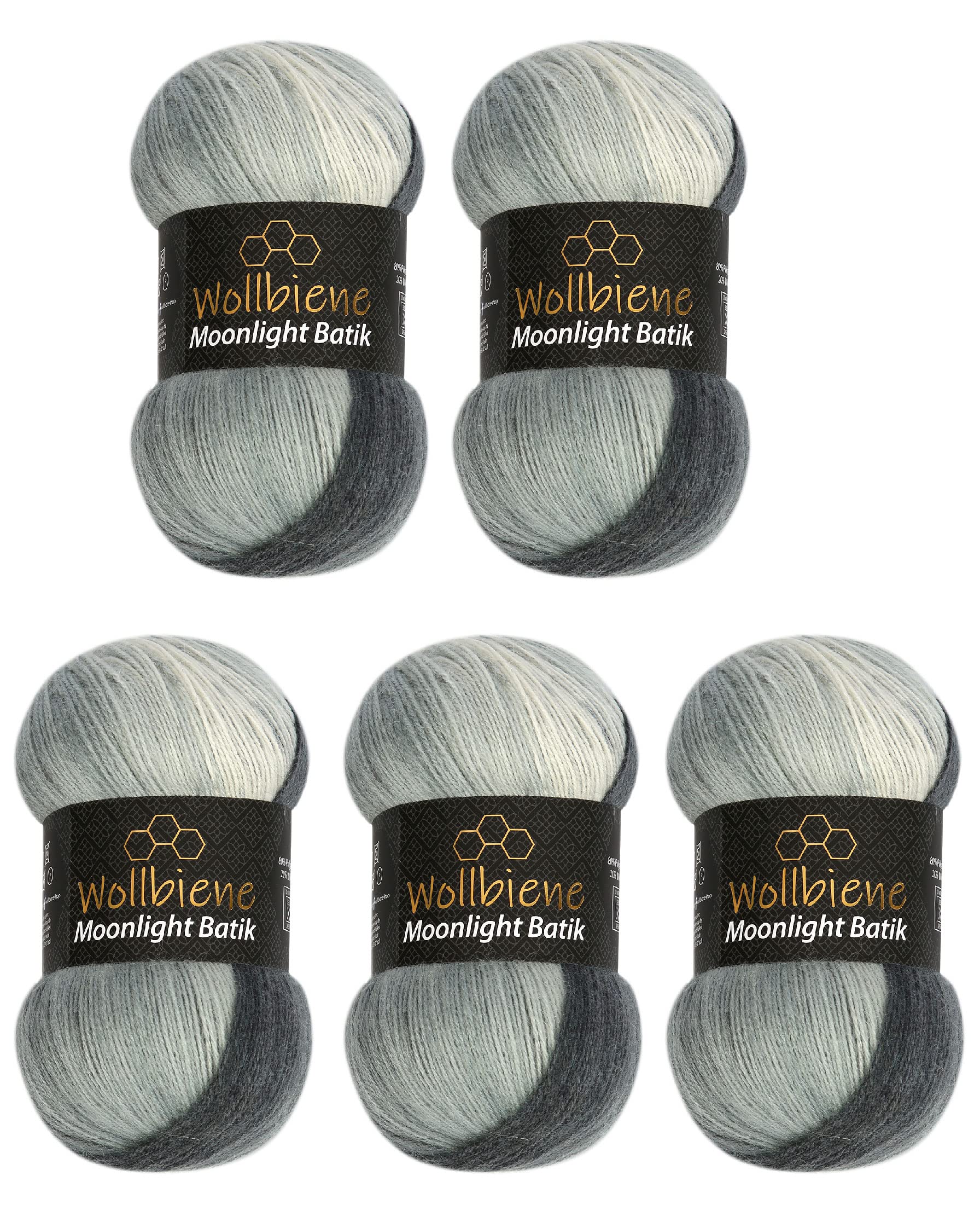 Wollbiene Moonlight Batik Knitting Wool - 5 x 100g (500g) for Knitting and Crocheting - 20% Turkish Gradient Wool (5000 Black Grey White)