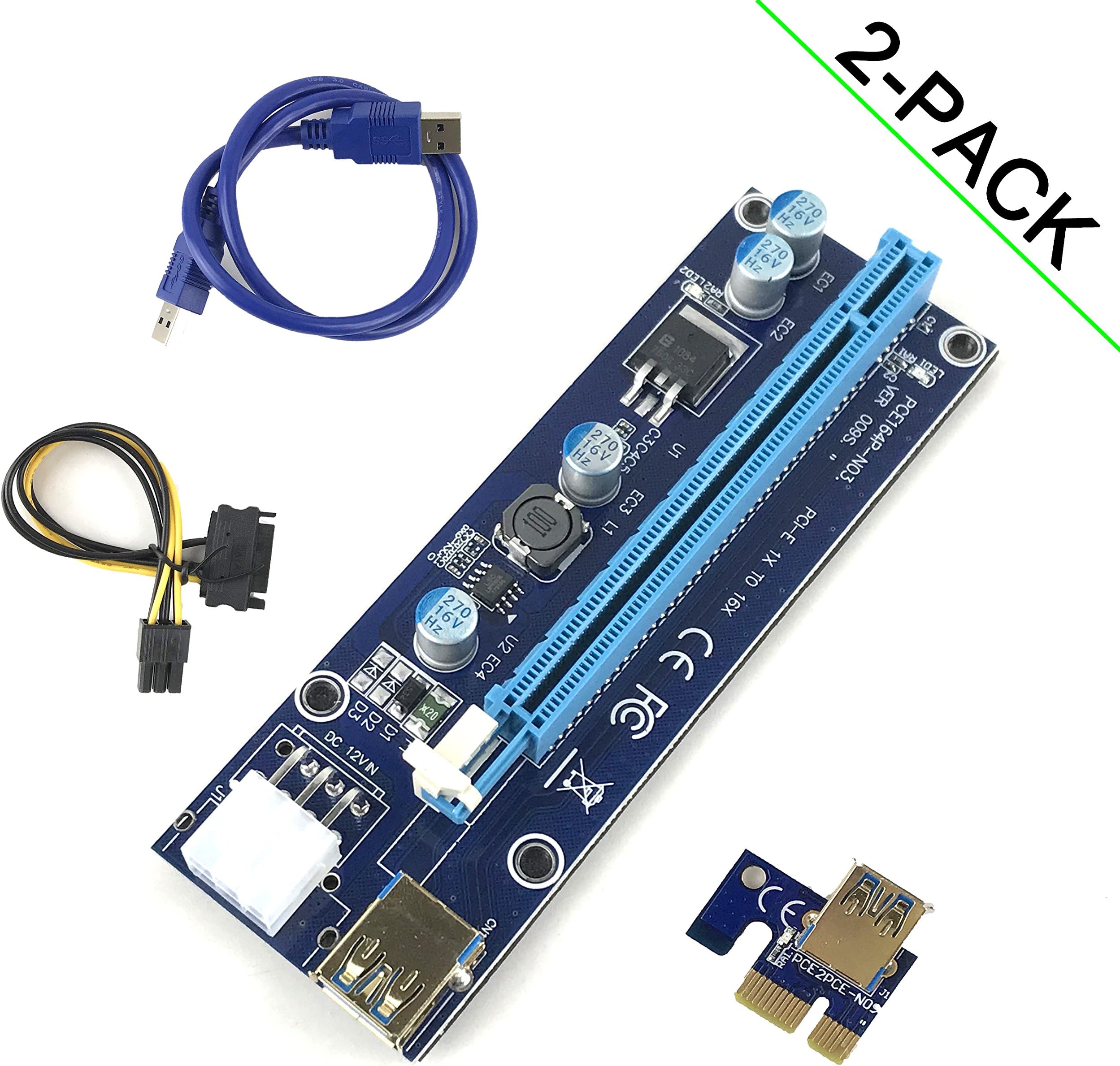 DETUCK(TM) Latest PCI-E Riser - Gold Plated USB 3.0 Interface - 1x to 16x Powered Riser Adapter Card 6-Pin PCI-E to SATA Power Cable - GPU Riser Adapter - for Bitcoin/Litecoin/ETH Coin (2-Pack PCIE)