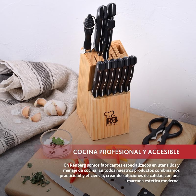 Renberg Tenessy - Brasil | Facas de Cozinha | Conjunto Completo de 15 Peças com Tacoma de Madeira | Perfeito para cortar todos os tipos de ingredientes | Cozinha Profissional | Feito de aço inoxidável