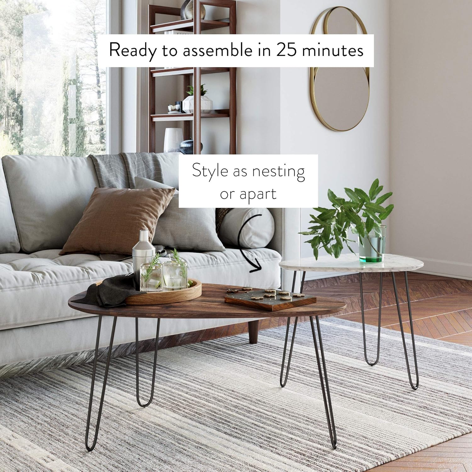 Nathan James Bodhi Mid-Century Nesting Coffee Table Set of 2, Stacking Side or End for Living Room with Faux Carrara Marble, Wood Finish and Black Metal Legs, White/Walnut: Furniture & Decor