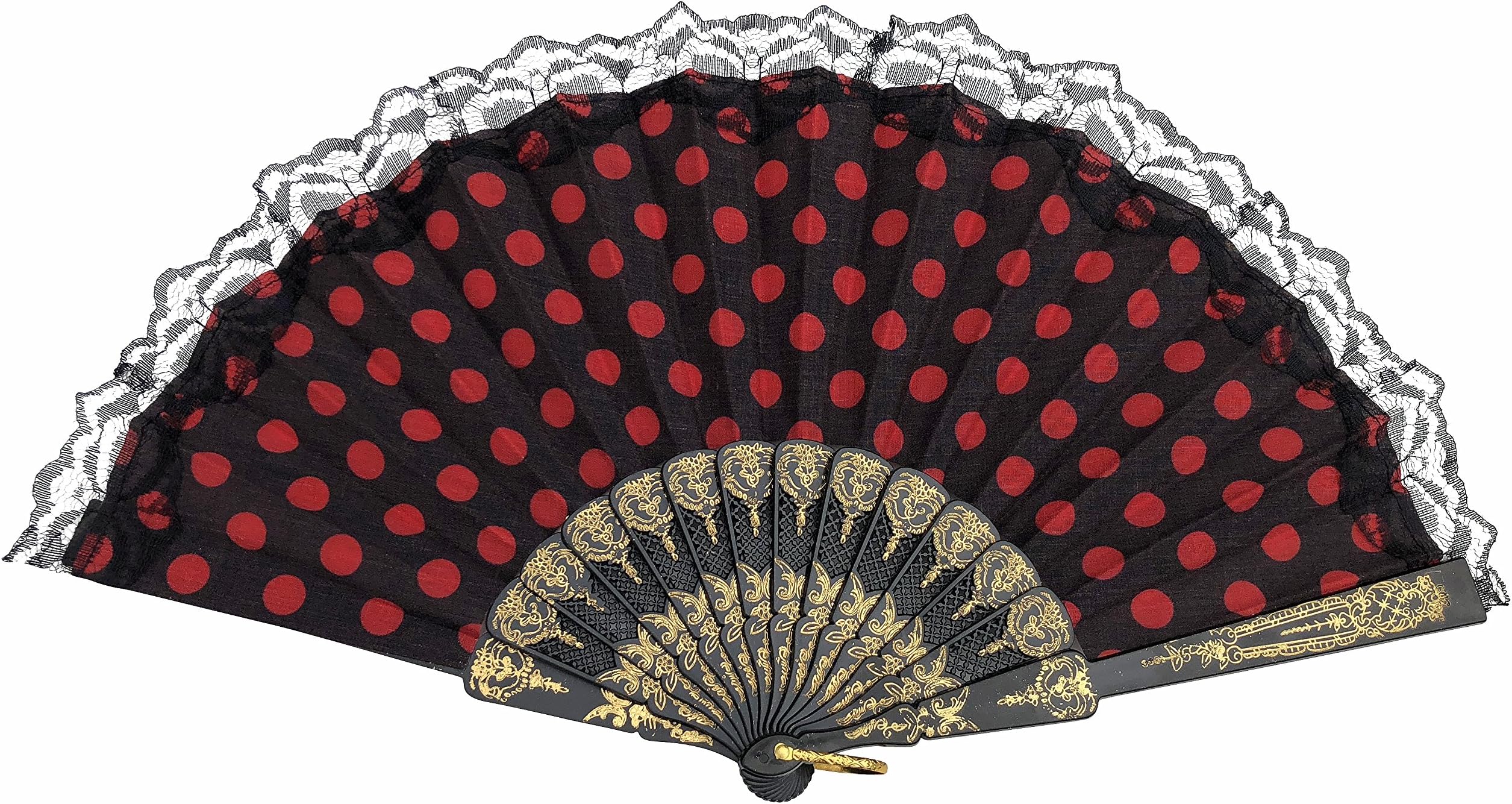 La Señorita Spanish Flamenco Fan Black red dots lace Hand Fan Dress Costume