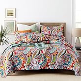 Qucover 100% Cotton Twin Quilt Set, 2 Piece Multicolor Paisley Boho Style Twin Bedspread with Pillow Shams, 68"x86"