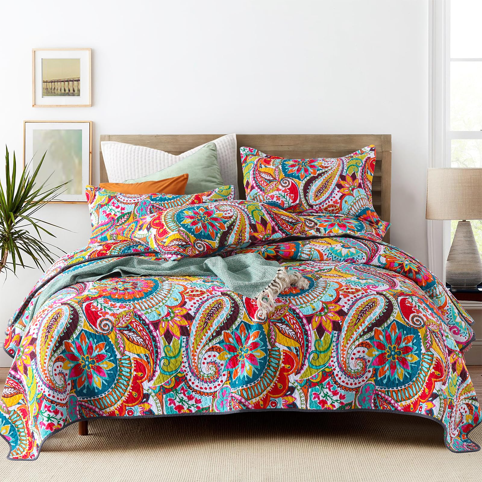 Photo 1 of Qucover Boho Quilts King Size, Colorful Paisley Print Cotton Bedspreads King Size, Multicolord Red, Orange, White, Blue King Bedspread with Pillow Shams, King Quilt Bedding Set, 98x106 Inches