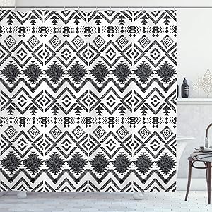 Ambesonne Tribal Shower Curtain, Hand Drawn Style Tribal Pattern Geometric and Oranmental Aztec Design Print, Cloth Fabric Bathroom Decor Set with Hooks, 75