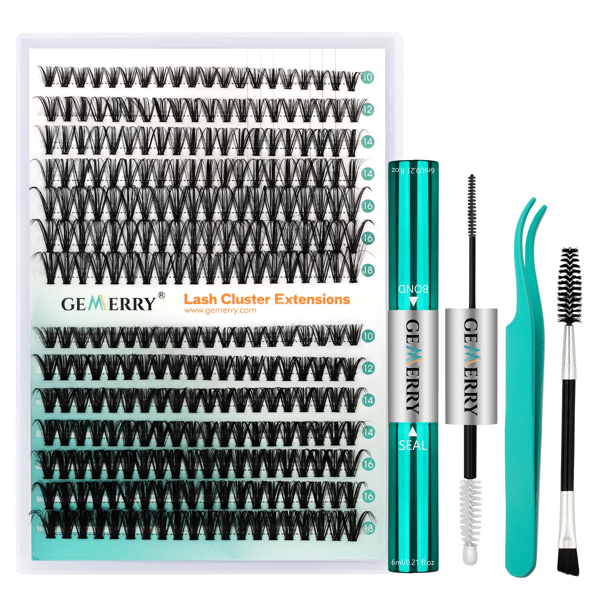 GEMERRY Lash Extension Kit 280pcs DIY Individual Clusters Eyelash Extension Kit D Curl Volume Cluster Lashes Wispy with Lash Bond and Seal and Lash Tweezers (30D+40D-0.07D,10-18MIX-KIT)