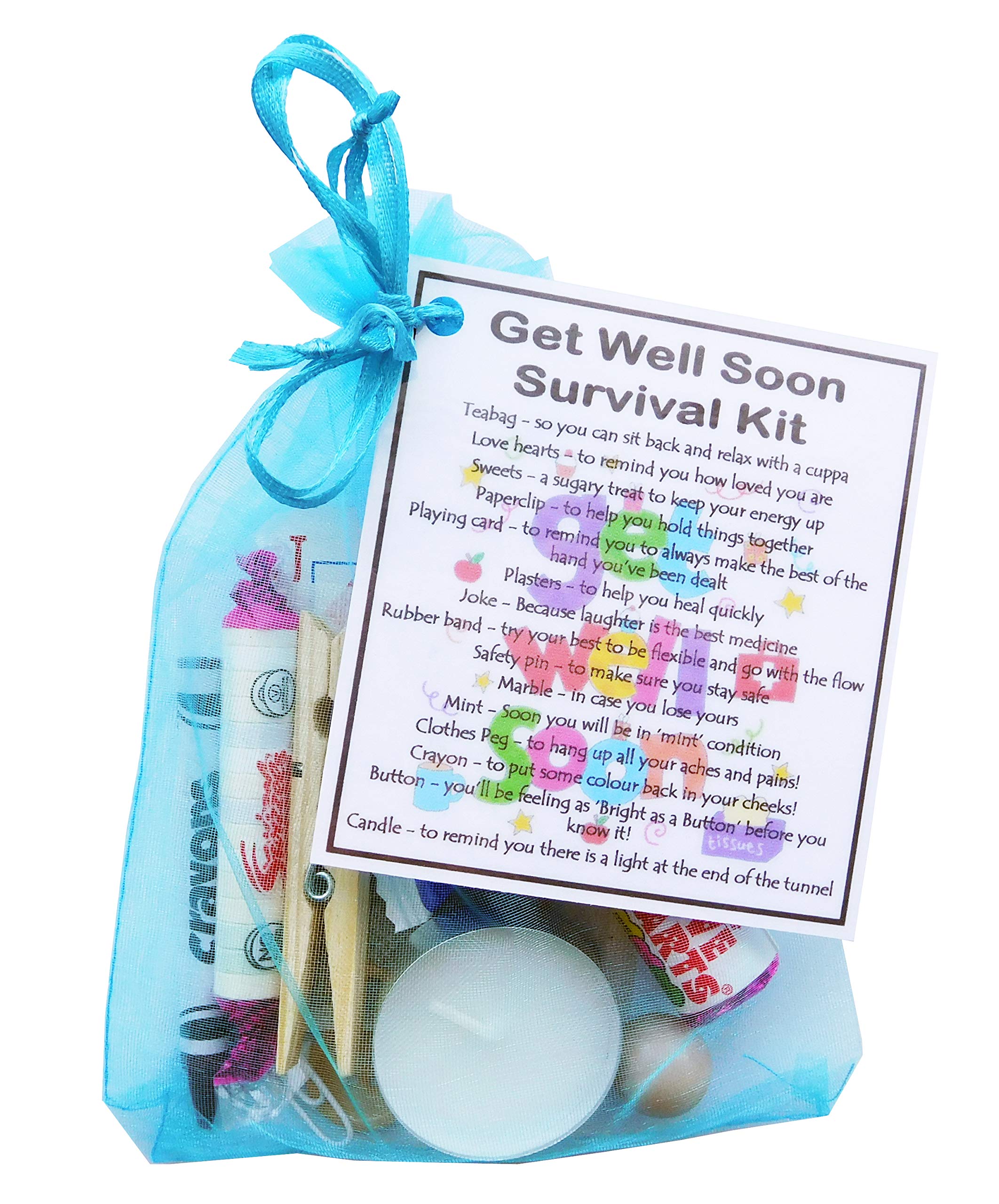 Get Well Soon Survival Kit (Fun Get Well Soon Gift - organza bag filled with items with sentimental and funny reasons))
