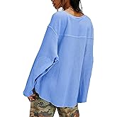 HYLLGUD Womens Waffle Knit Tops Long Patched Sleeve Casual Blouses Crewneck Oversized Pullover Shirts