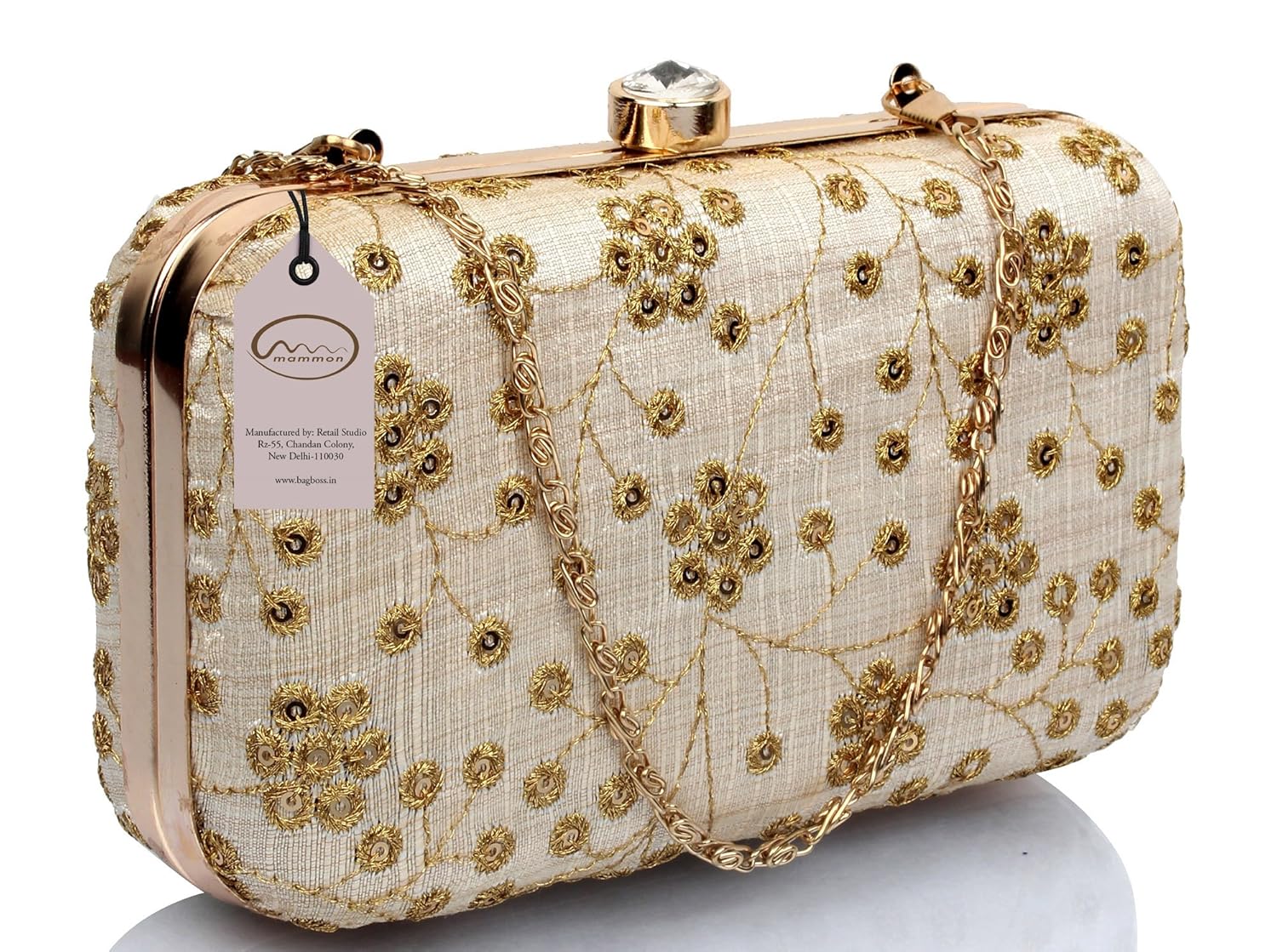 mammon handcrafted women's clutch with sling (bridal-floral-gold)