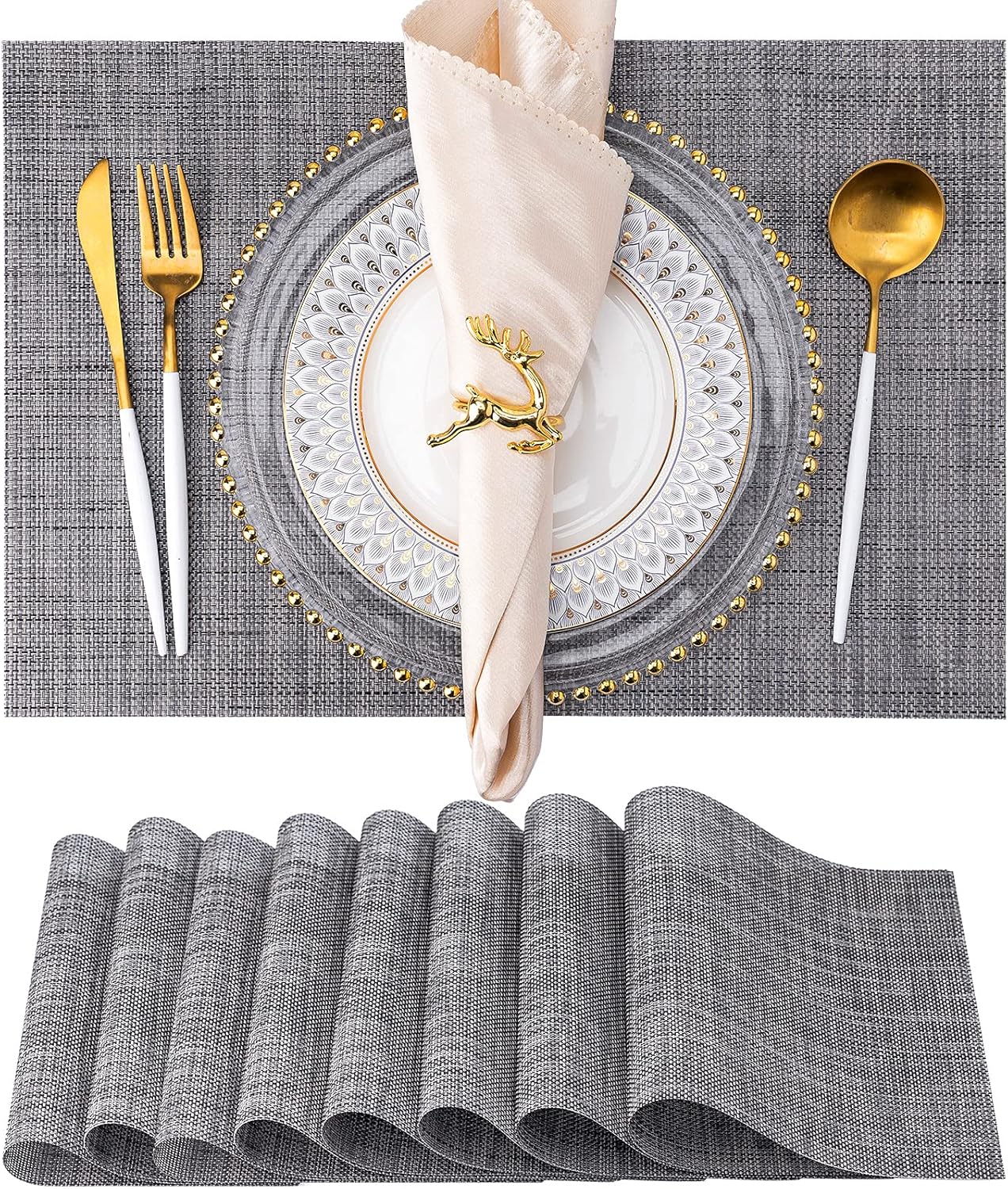 Placemats, Set of 8 Heat Resistant Stain Resistant Anti-Water Non-Slip Placemats for Dining Table, Washable Durable PVC Place Mats Weave Vinyl Table Mats(Dark Gray): Kitchen & Dining