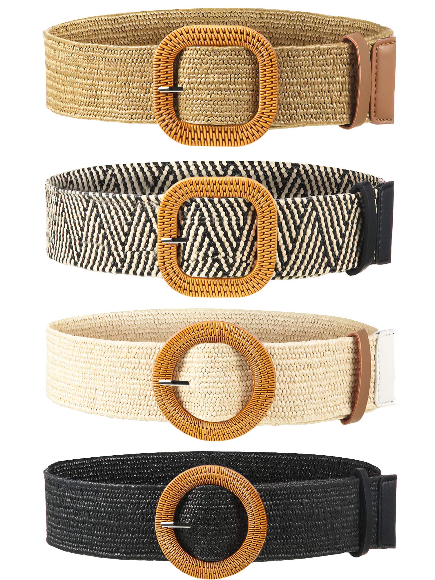 4 Pieces Straw Woven Elastic Stretch Waist Belt Women Skinny Dress Belt Wooden Style Buckle Waist Dress Band