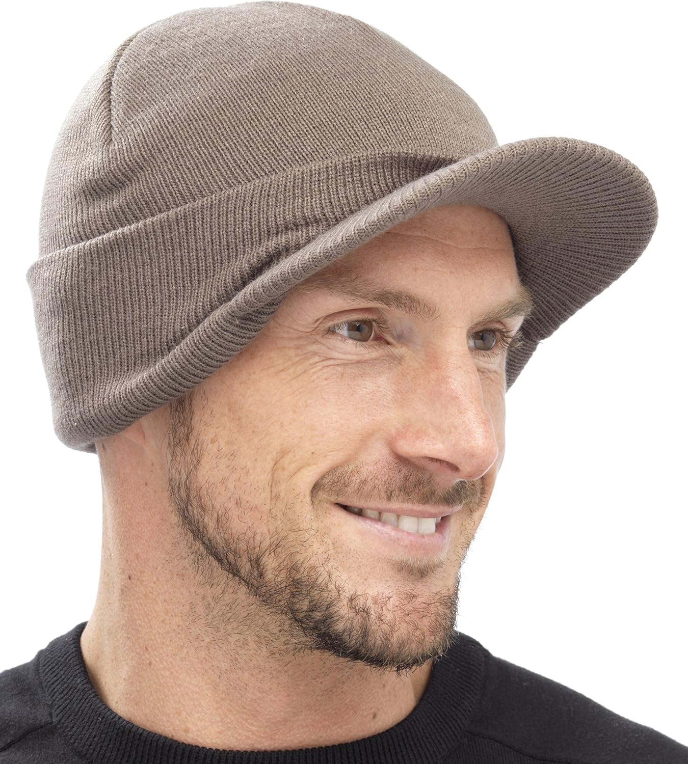 mens knitted beanie hat with peak