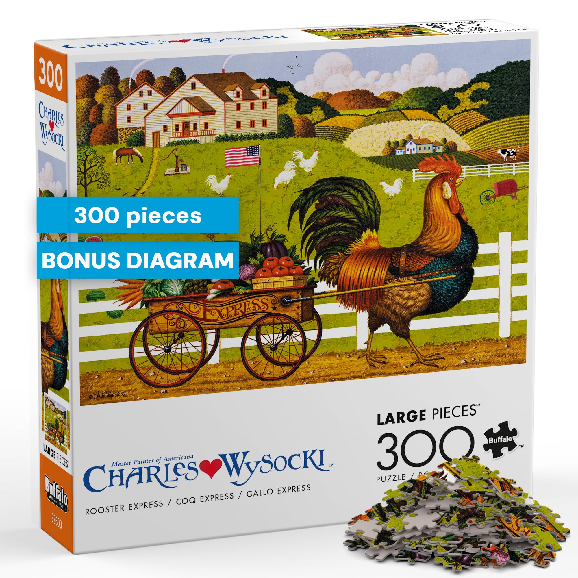 Buffalo Games – 300 Charles Wysocki: Rooster Express Oversized Piece Jigsaw Puzzle Larger Shapes - Great for Adults, Seniors, Family, Kids, Easy to Grip