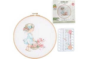 Maker Susan Spring Girl Pattern Counted Cross Stitch Kits for Adults and Beginners with Wooden Hoop, DMC Fabric, Threads and Needles, Embroidery Thread Floss Organizer Cards, Embroidery Kit (E2606)
