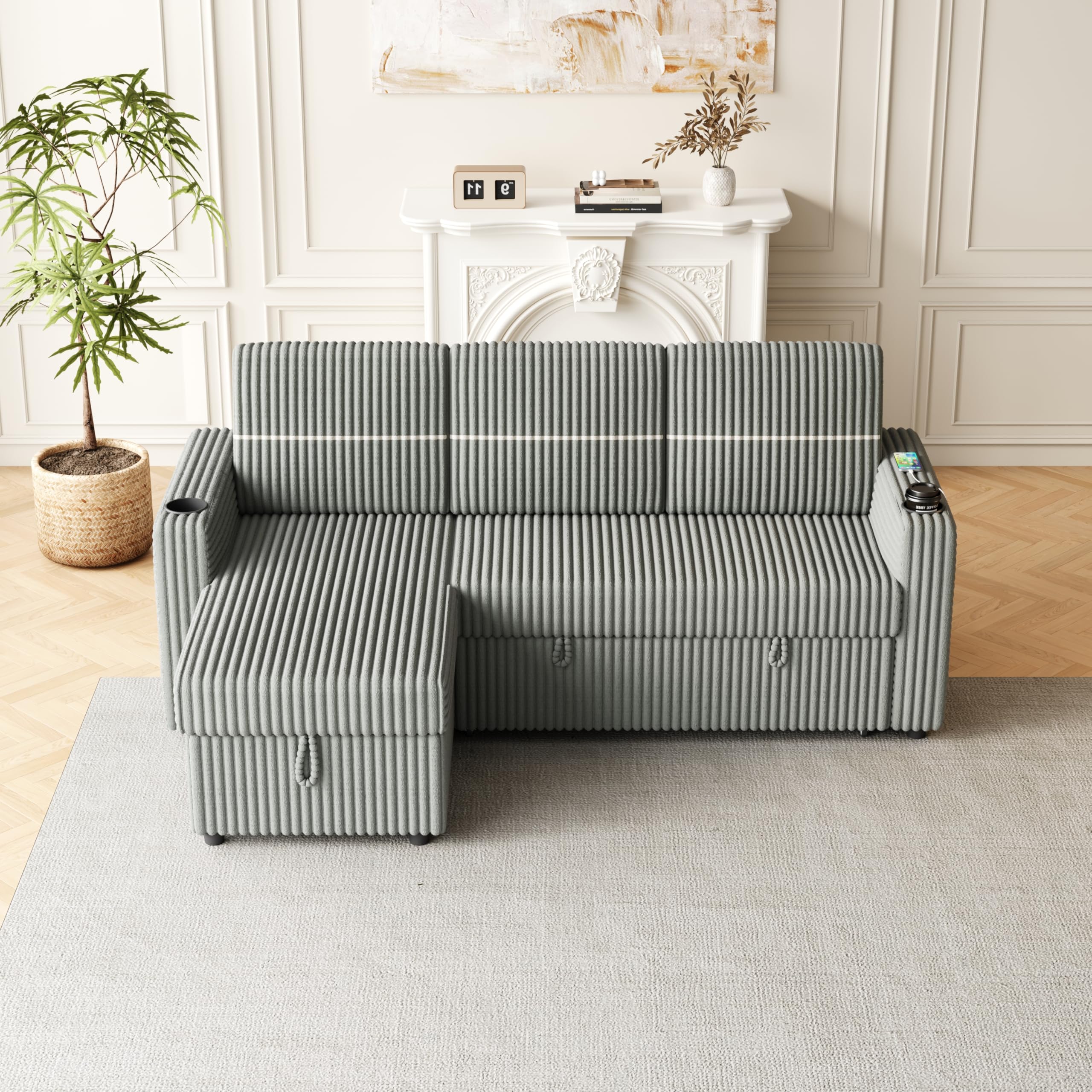 Photo 1 of **PARTIAL SET**PART 2 OUT OF 2***L Shaped Reversible Sleeper Sectional Sofa Couch Bed , Corduroy Convertible Pull Out Corner Sofa Lounge Couches Pullout Sofabed with Chaise Lounge, Cup Holders and USB Ports for Living Room Apartment