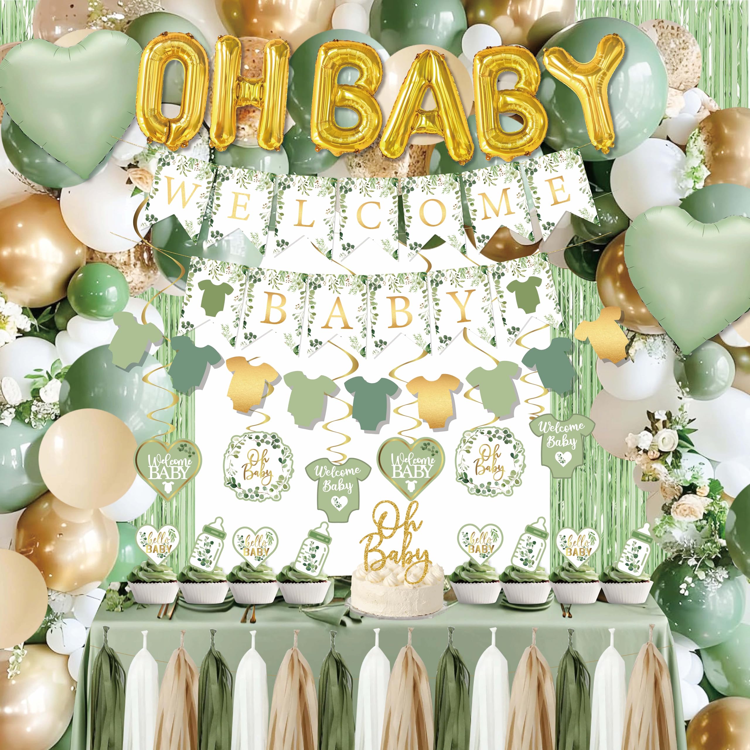 Photo 1 of Sage Green Baby Shower Decorations,155 pcs Neutral Baby Shower Decor Supplies, welcome baby banner, Disposable "OH BABY" Balloon Arch, Paper Tassels, tablecloths