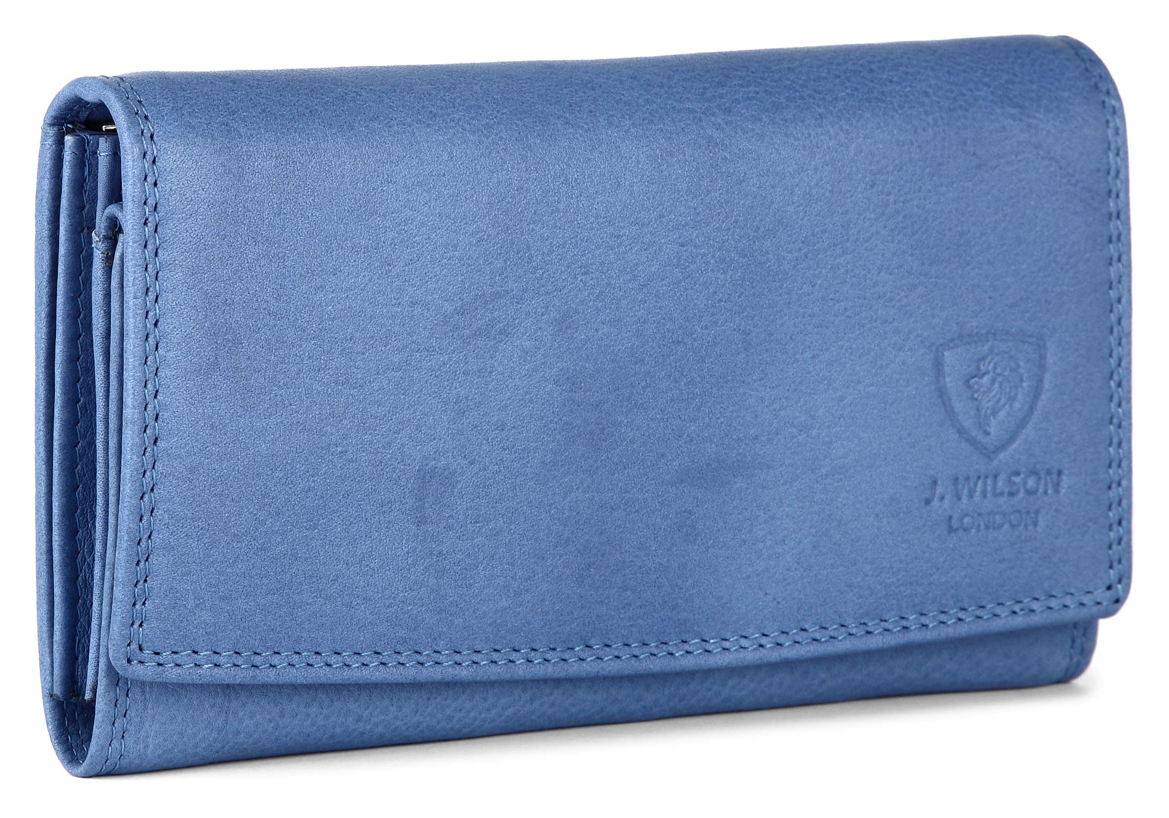 J. Wilson London Ladies Designer RFID Safe Protection Luxury Quality Soft Nappa Leather Purse Multi Credit Card Women Clutch Wallet with Zip Pocket (Blue)