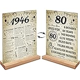 Vintage 80th Birthday Decorations for Men Women Wooden Two-Sided Vintage 80 Birthday Back in 1946 Poster Acrylic Table Sign with Stand 80 Year Old Anniversary Party Gifts Table Decor Display Holder