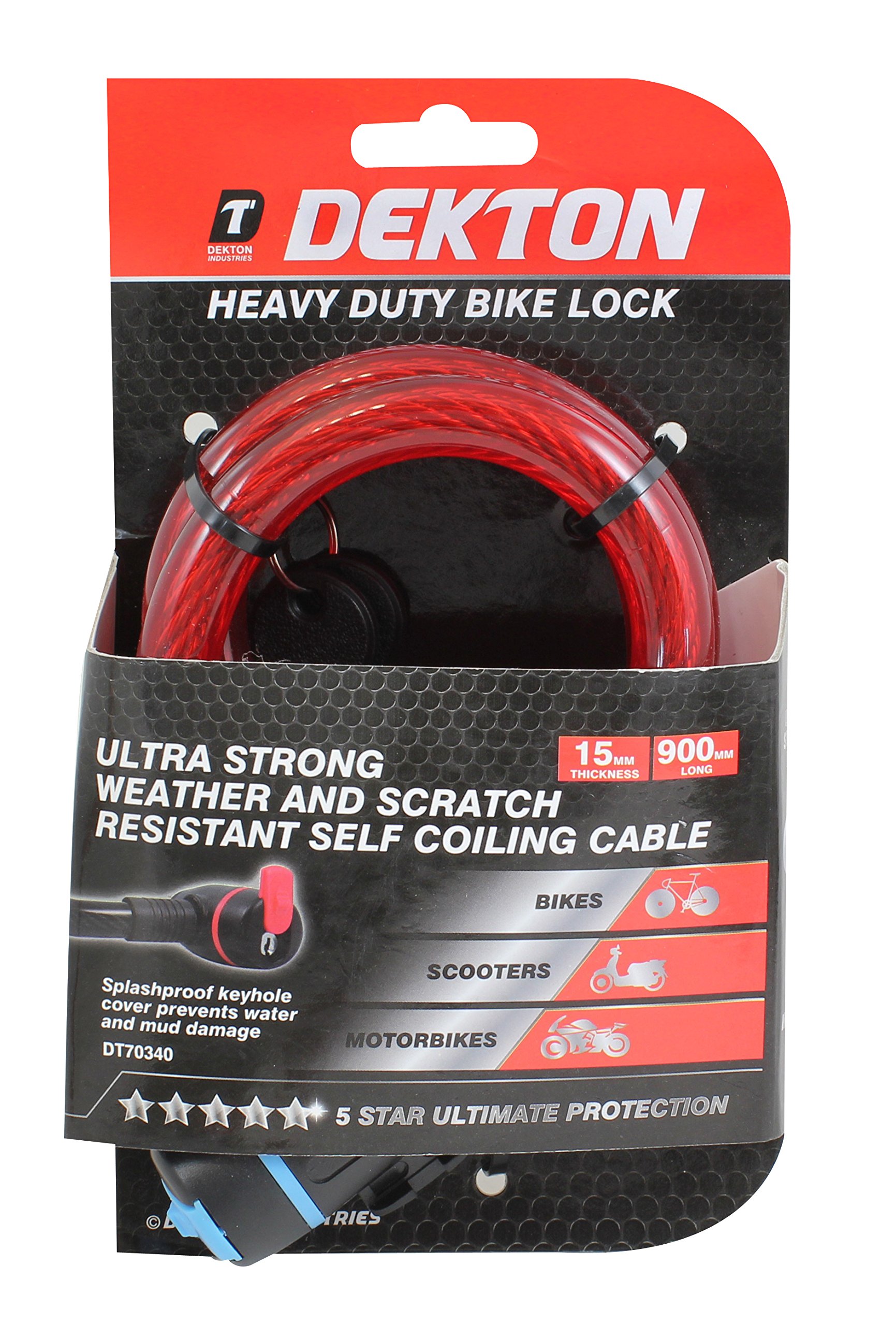 Dekton 15MM x 900MM Bike Lock | Ultra Strong & Durable | Weather & Scratch Resistant | Self-Coiling Cable | Includes 2 Keys | Ideal for Bikes, Scooters & Motorbikes | Secure Your Ride with Confidence