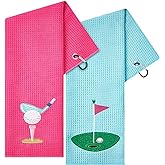 Mindsoft 2 Pieces Funny Golf Towel Microfiber Embroidered Ball Towels for Women Ball Bags with Clips Accessories Waffle Pattern for Mother Golf Fan Birthday Gifts(Hot Pink Blue,Elegant Style)