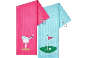 Mindsoft 2 Pieces Funny Golf Towel Microfiber Embroidered Ball Towels for Women Ball Bags with Clips Accessories Waffle Pattern for Mother Golf Fan Birthday Gifts(Hot Pink Blue,Elegant Style)