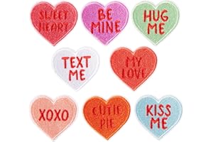 Kirako 8 Pcs Valentines Day Iron on Patches Conversation Hearts Candy Sew on Embroidered Applique Repair Patch DIY Crafts Projects for Clothing Jacket Jeans Pants Dress Backpack Hat Decorations Gifts
