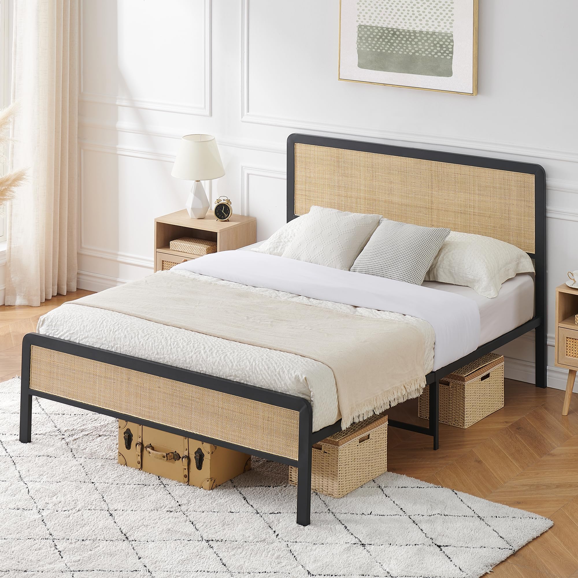 Photo 1 of *****FACTORY SEALED*****IDEALHOUSE Boho Style Full Bed Frame with Rattan Headboard, Platform Bed Frame with Strong Metal Slat Support,No Box Spring Needed,Black & Oak (Full)