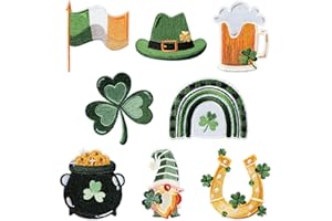 Kirako 8 Pcs St. Patrick's Day Iron On Patches Lucky Irish Shamrock Rainbow Gnome Sew on Repair Embroidered Applique Green 4 Leaf Clover Holiday DIY Crafts Decorative Gift for Clothing Backpack Hat